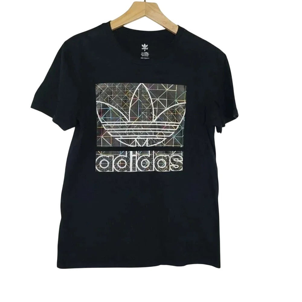 Adidas Graphic T-Shirt Small Black Geometric Trefoil Logo Short Sleeve Tee Men